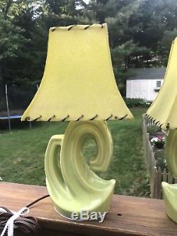 Pair Vintage Mid Century Modern Retro Ceramic Lime Green Table Lamps W