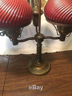 Vintage Double Arm Student Table Lamp Withruby Red Glass Shades
