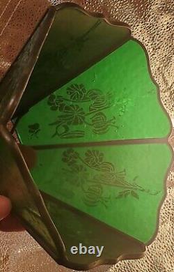 (1) Leaded Emerald Green Glass Shade flowers Lamp parts VTG table hanging OLD