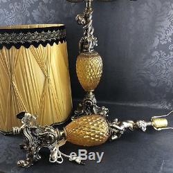 1 of 2 Vintage 35 Hollywood Regency Brass Cherub Amber Glass Table Lamps Shades