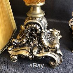 1 of 2 Vintage 35 Hollywood Regency Brass Cherub Amber Glass Table Lamps Shades