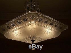 130b Vintage antique Ceiling Light Lamp Fixture Glass Shade Chandelier 1 of 2