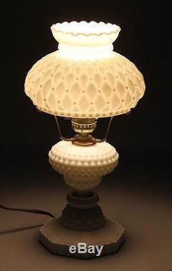 13in Tall Vintage Hobnail Milk Glass Lamp & Shade, Working Condition, No Reserve