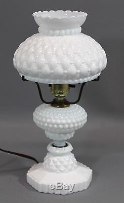 13in Tall Vintage Hobnail Milk Glass Lamp & Shade, Working Condition, No Reserve