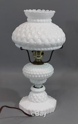 13in Tall Vintage Hobnail Milk Glass Lamp & Shade, Working Condition, No Reserve