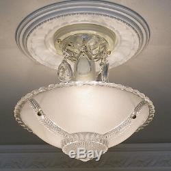 144b Vintage CEILING LIGHT lamp chandelier fixture glass shade White 1 of 2