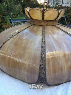 1890's Vintage Large 21 Slag Glass & Brass Chandelier Lamp Shade Canopy & Chain