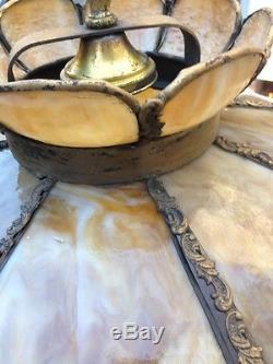 1890's Vintage Large 21 Slag Glass & Brass Chandelier Lamp Shade Canopy & Chain