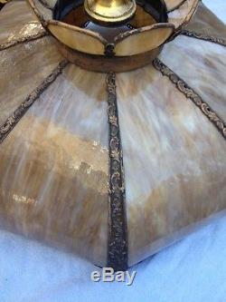 1890's Vintage Large 21 Slag Glass & Brass Chandelier Lamp Shade Canopy & Chain