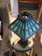 1900's Antique Bradley & Hubbard Mission Green Slag Cast Iron Lamp Stained Glass