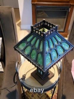 1900's Antique Bradley & Hubbard Mission Green Slag Cast Iron Lamp Stained Glass