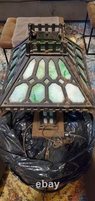 1900's Antique Bradley & Hubbard Mission Green Slag Cast Iron Lamp Stained Glass