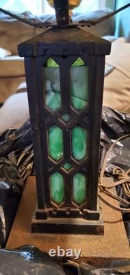 1900's Antique Bradley & Hubbard Mission Green Slag Cast Iron Lamp Stained Glass