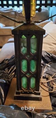 1900's Antique Bradley & Hubbard Mission Green Slag Cast Iron Lamp Stained Glass