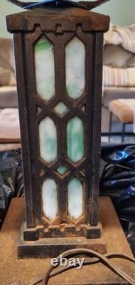 1900's Antique Bradley & Hubbard Mission Green Slag Cast Iron Lamp Stained Glass