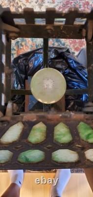 1900's Antique Bradley & Hubbard Mission Green Slag Cast Iron Lamp Stained Glass