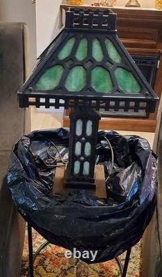 1900's Antique Bradley & Hubbard Mission Green Slag Cast Iron Lamp Stained Glass