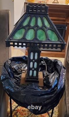 1900's Antique Bradley & Hubbard Mission Green Slag Cast Iron Lamp Stained Glass