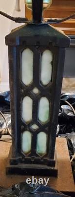 1900's Antique Bradley & Hubbard Mission Green Slag Cast Iron Lamp Stained Glass