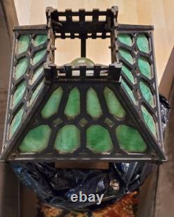 1900's Antique Bradley & Hubbard Mission Green Slag Cast Iron Lamp Stained Glass