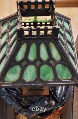 1900's Antique Bradley & Hubbard Mission Green Slag Cast Iron Lamp Stained Glass
