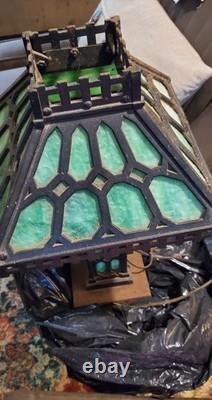 1900's Antique Bradley & Hubbard Mission Green Slag Cast Iron Lamp Stained Glass