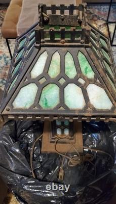 1900's Antique Bradley & Hubbard Mission Green Slag Cast Iron Lamp Stained Glass