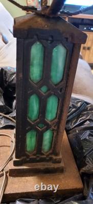 1900's Antique Bradley & Hubbard Mission Green Slag Cast Iron Lamp Stained Glass