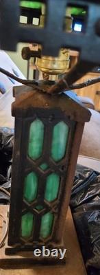 1900's Antique Bradley & Hubbard Mission Green Slag Cast Iron Lamp Stained Glass