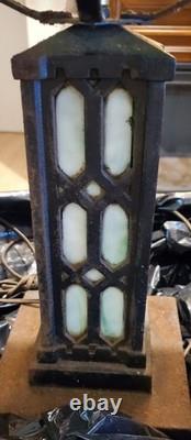 1900's Antique Bradley & Hubbard Mission Green Slag Cast Iron Lamp Stained Glass
