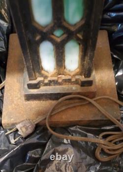 1900's Antique Bradley & Hubbard Mission Green Slag Cast Iron Lamp Stained Glass