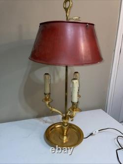 1900s Brass Bouillotte Lamp With Adjustable Red Tole Shade -WORKS