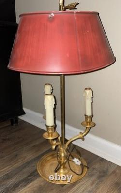 1900s Brass Bouillotte Lamp With Adjustable Red Tole Shade -WORKS
