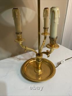 1900s Brass Bouillotte Lamp With Adjustable Red Tole Shade -WORKS