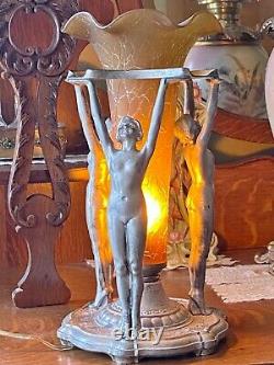 1928 Art Deco Tri Nude Lady Lamp with Large Crackle Glass Ruffled Trumpet Shade