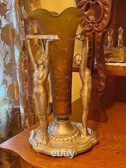 1928 Art Deco Tri Nude Lady Lamp with Large Crackle Glass Ruffled Trumpet Shade