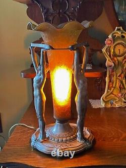 1928 Art Deco Tri Nude Lady Lamp with Large Crackle Glass Ruffled Trumpet Shade