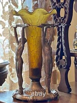 1928 Art Deco Tri Nude Lady Lamp with Large Crackle Glass Ruffled Trumpet Shade