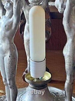 1928 Art Deco Tri Nude Lady Lamp with Large Crackle Glass Ruffled Trumpet Shade
