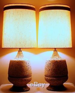 1960's Vintage Cork Lamp Mid-Century Modern Matched Pair Original Shades Working