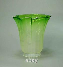 19c. Antique French Frosted Galss Oil Lamp Shade Cone Acid Etches Frosted Green