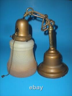 2-12 Antique Brass Ceiling Pendant Fixtures & vtg Pair Art Deco Tassel Shades