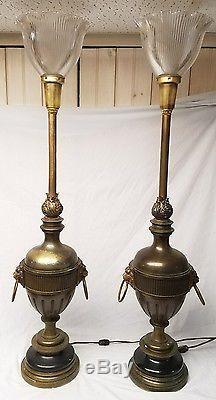 (2) 38 brass table lamps, vintage Stiffel, flame lion heads Glass Shades