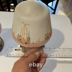 2 Antique Milk Glass Pink Shade Floral Pink Hand Painted Ceiling Lamp Light WOW