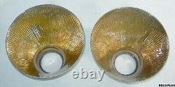 2 Antique Pittsburgh Permaflector Glass Ribbed Roadside Light Fixture Shades