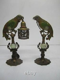 2 Antique c1920s Art Deco Cast Metal Parrot Table Lamp Bird Cage Shade As Is