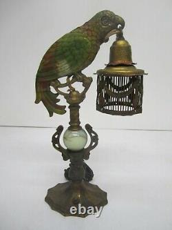 2 Antique c1920s Art Deco Cast Metal Parrot Table Lamp Bird Cage Shade As Is