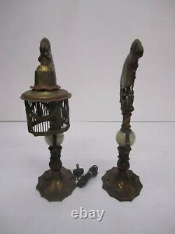 2 Antique c1920s Art Deco Cast Metal Parrot Table Lamp Bird Cage Shade As Is