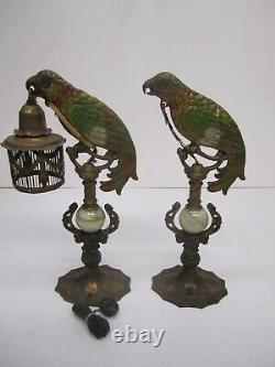2 Antique c1920s Art Deco Cast Metal Parrot Table Lamp Bird Cage Shade As Is