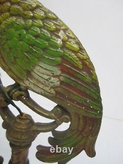 2 Antique c1920s Art Deco Cast Metal Parrot Table Lamp Bird Cage Shade As Is